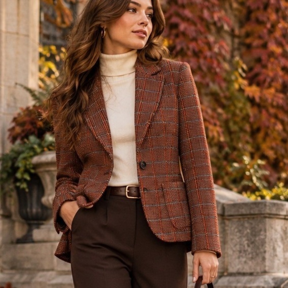 H&M Womens Size 10 Rust Plaid Blazer Tailored Check Jacket Dark Academia